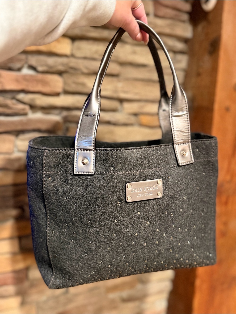 kate spade Black Wool Sparkle Tote with Metallic Leather Handles- Preloved!